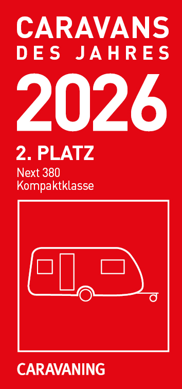 Rotes Siegel Caravans des Jahres 2026 zeigt 2 Platz für den Next 380 in der Kategorie Kompaktklasse von Caravaning
