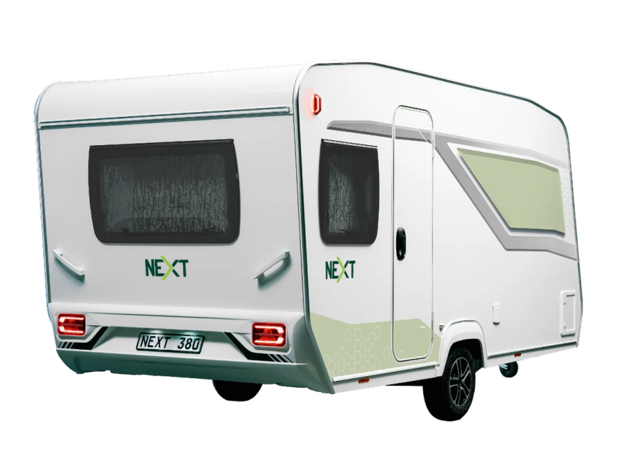Weißer NEXT 380 Caravan in der Heckansicht mit modernem Wabendesign und aerodynamischer Form auf weißem Hintergrund