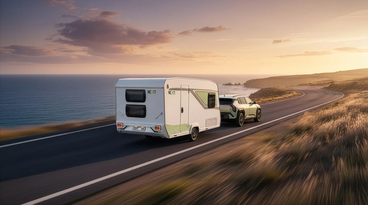 Weißer NEXT Caravan wird von einem SUV auf einer Küstenstraße am Meer entlang in den Sonnenuntergang gezogen